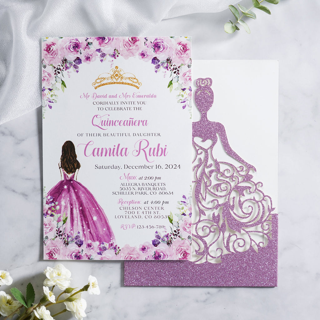 PONATIA Purple Glitter Laser Cut Crown Sweet 16 Invitations Cards With Envelopes