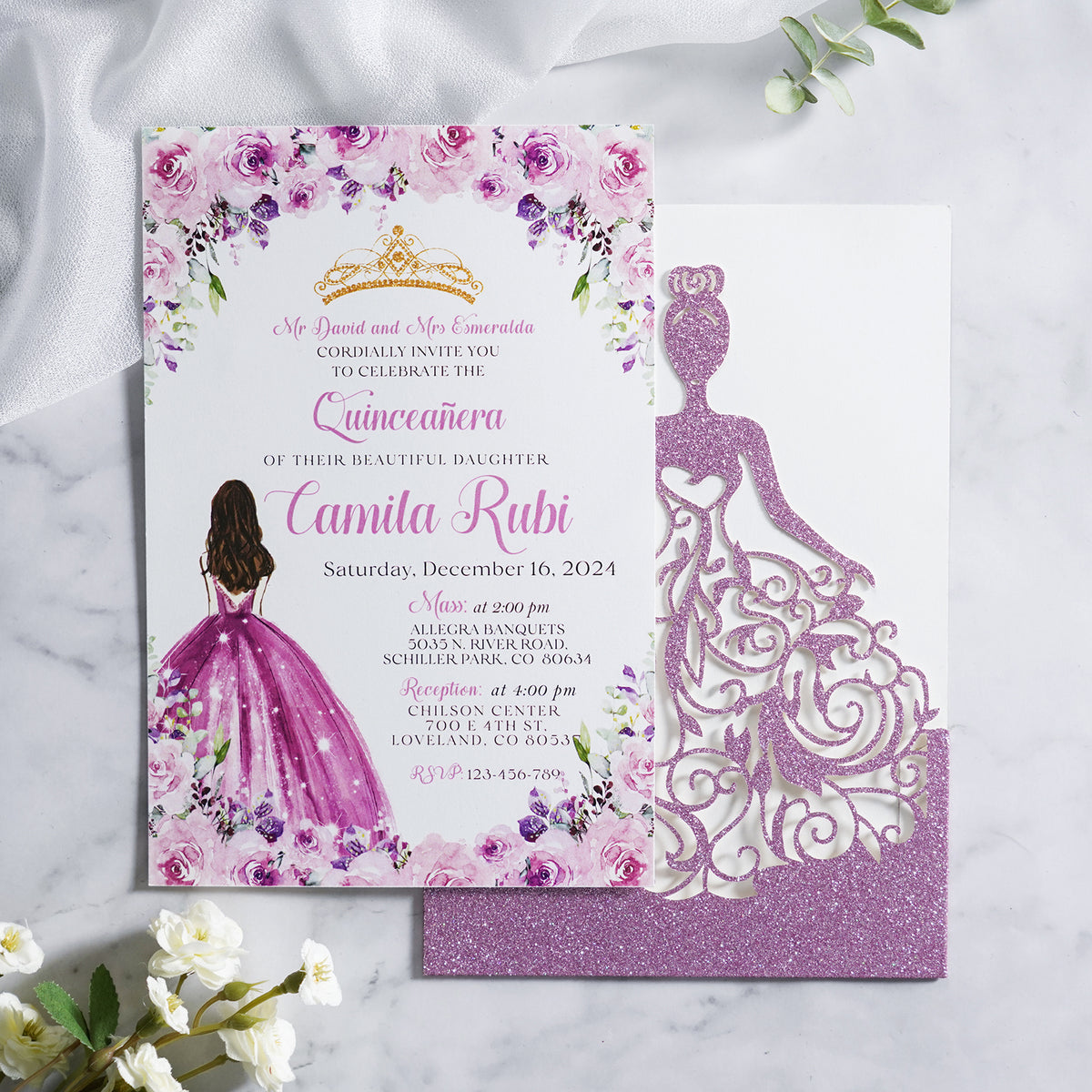 PONATIA Purple Glitter Laser Cut Crown Sweet 16 Invitations Cards With Envelopes