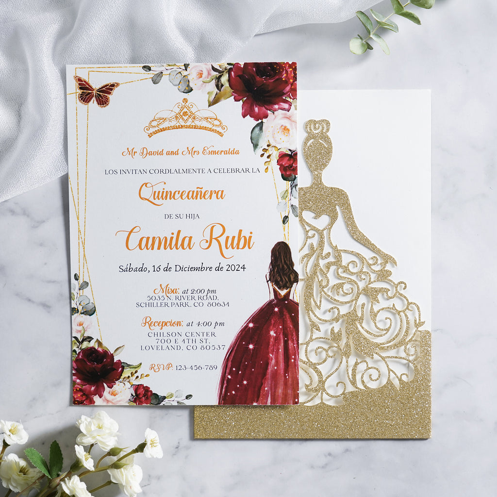 PONATIA Gold Glitter Laser Cut Crown Sweet 16 Invitations Cards With Envelopes