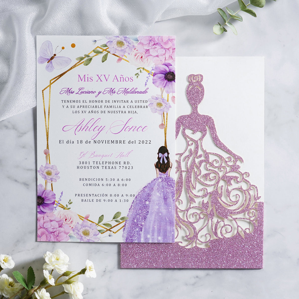 PONATIA Lilac Glitter Laser Cut Crown Sweet 16 Invitations Cards With Envelopes