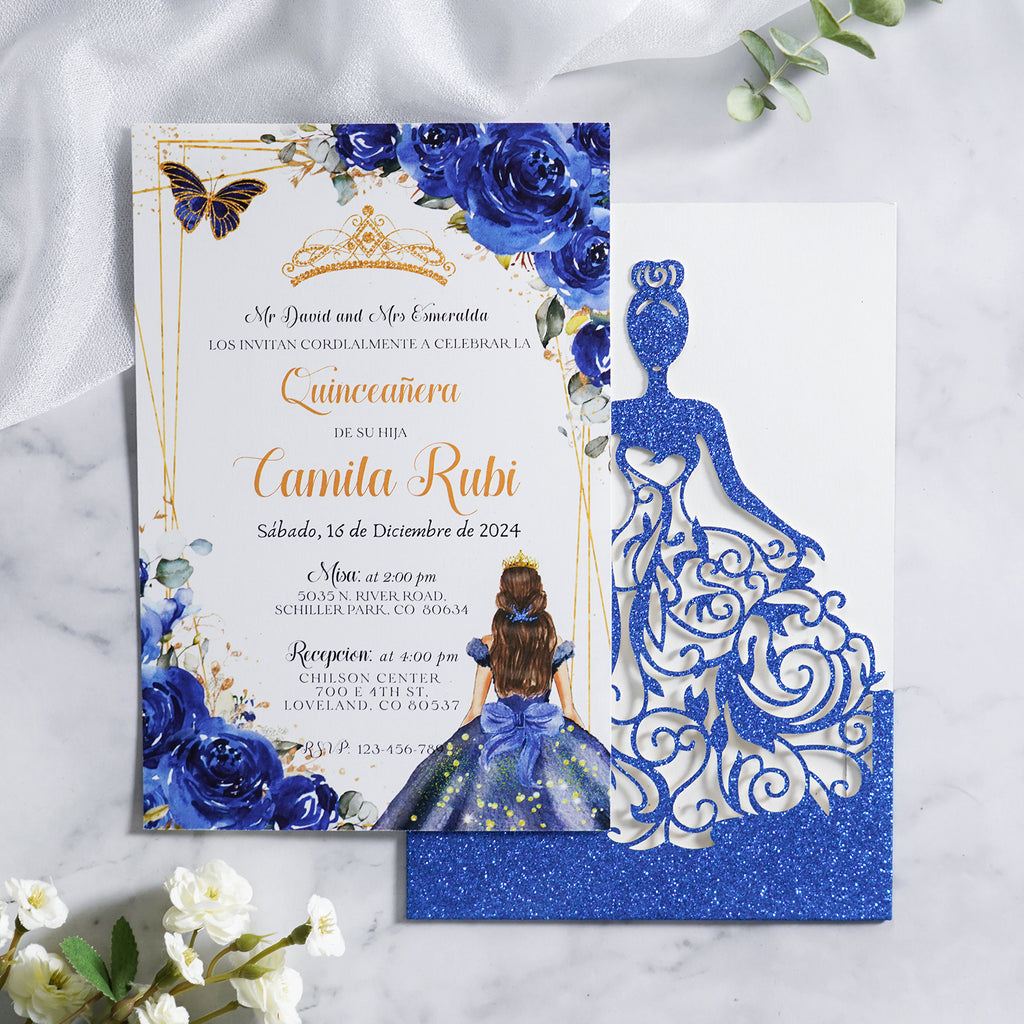 PONATIA Royal Blue Glitter Laser Cut Crown Sweet 16 Invitations Cards With Envelopes