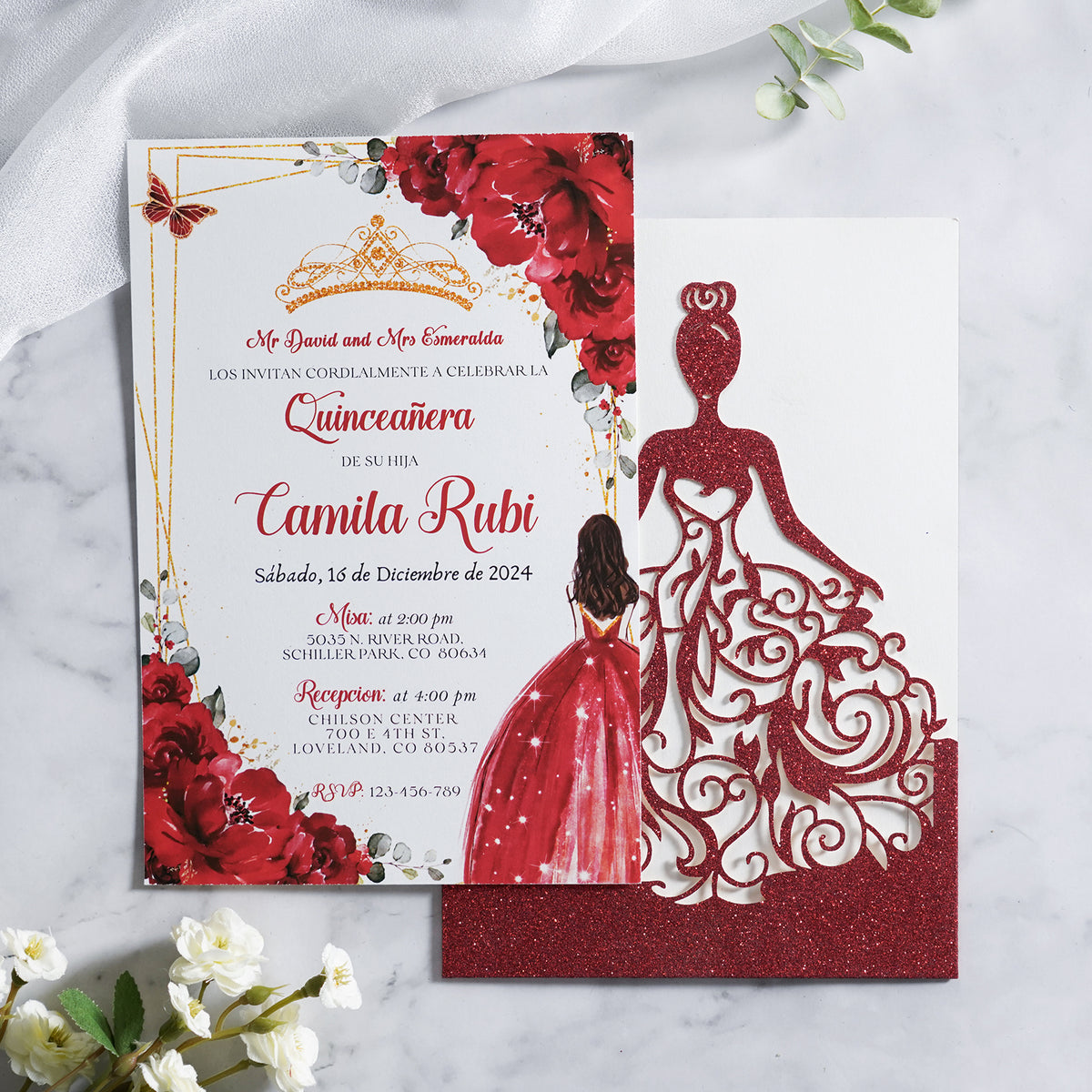 PONATIA Red Glitter Laser Cut Crown Sweet 16 Invitations Cards With Envelopes