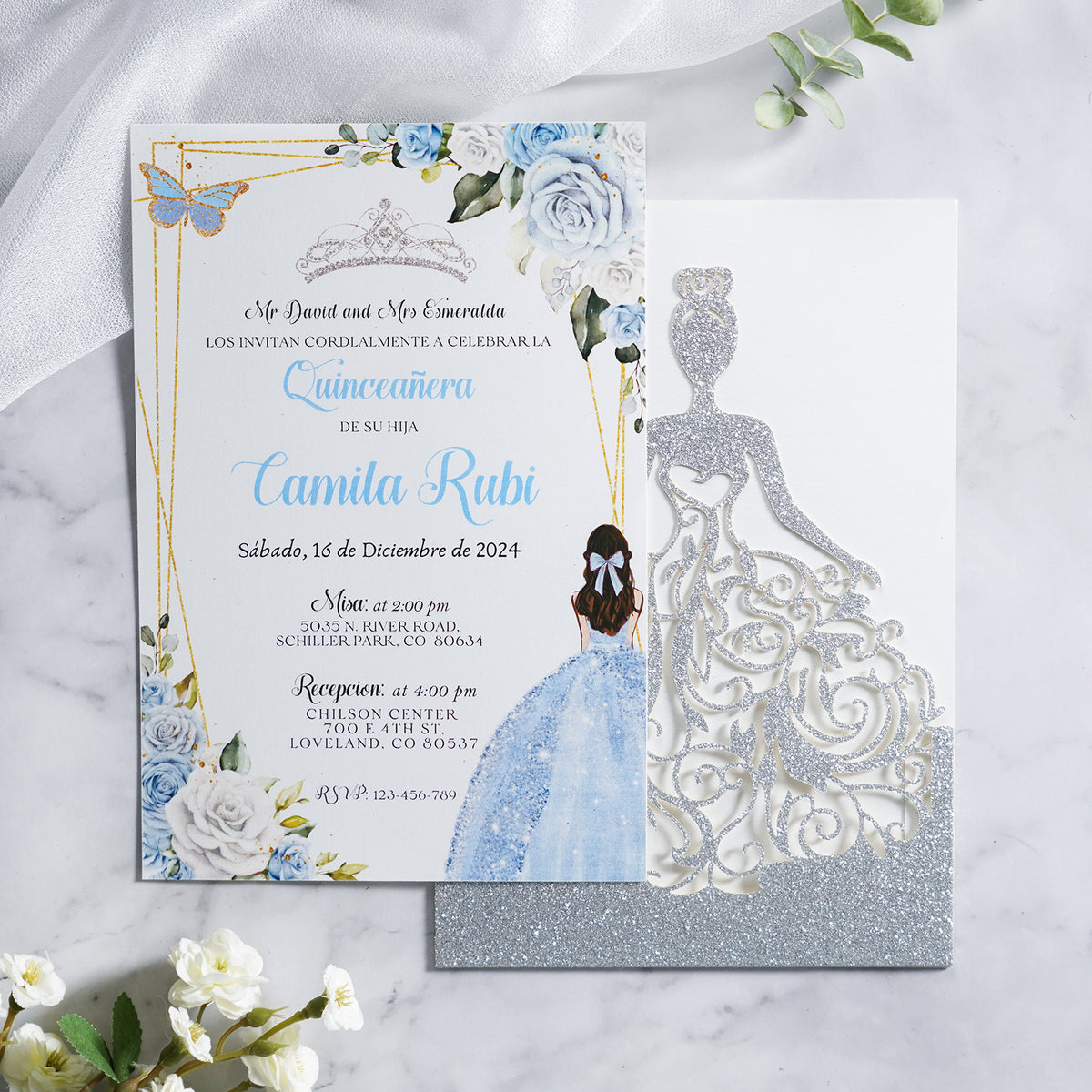 PONATIA Sliver Glitter Laser Cut Crown Sweet 16 Invitations Cards With Envelopes