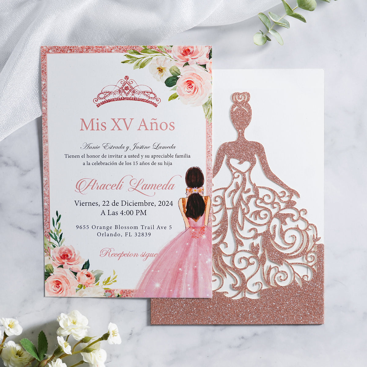 PONATIA Rose Gold Glitter Laser Cut Crown Sweet 16 Invitations Cards With Envelopes