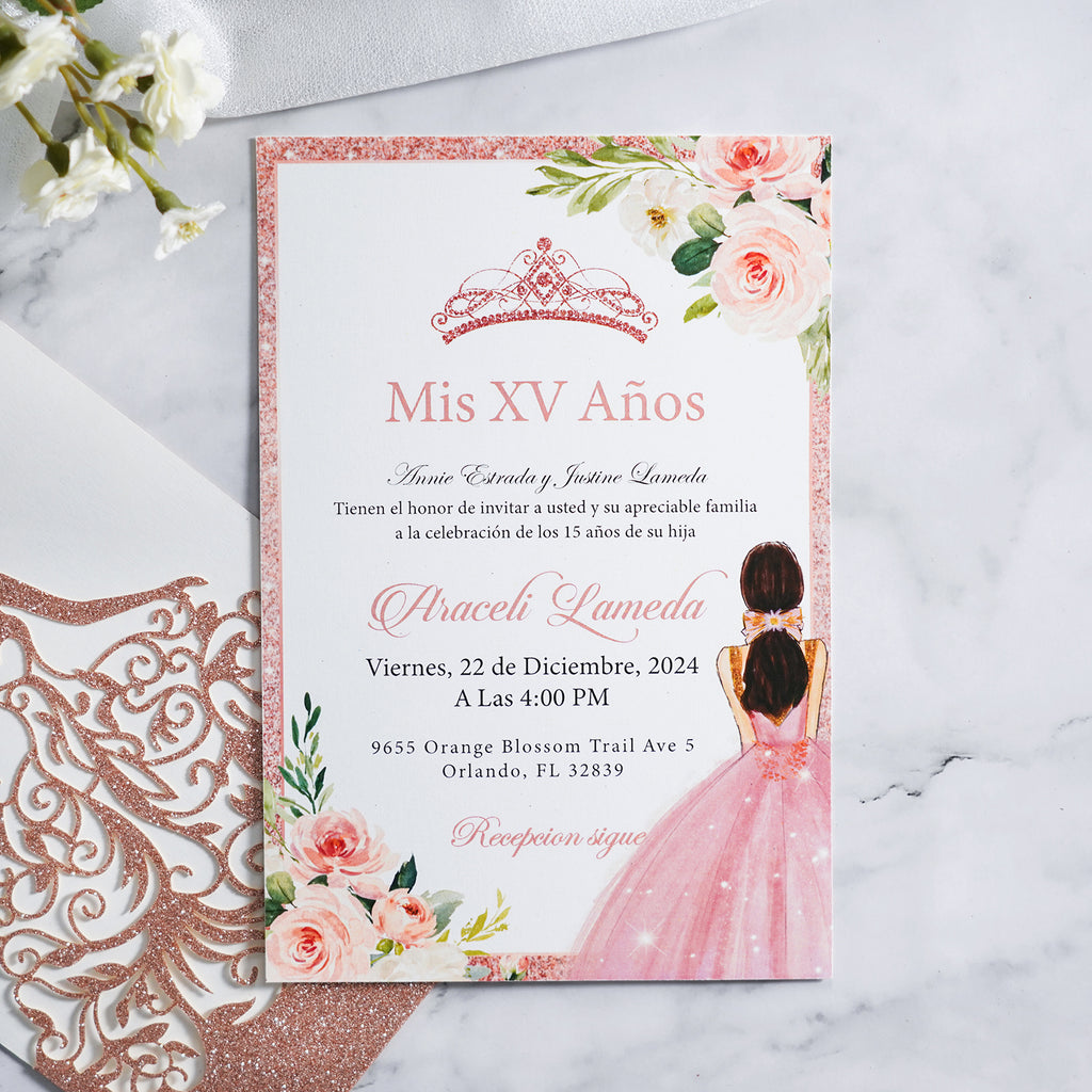 PONATIA Rose Gold Glitter Laser Cut Crown Sweet 16 Invitations Cards With Envelopes
