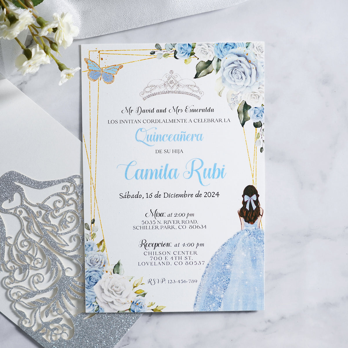 PONATIA Sliver Glitter Laser Cut Crown Sweet 16 Invitations Cards With Envelopes