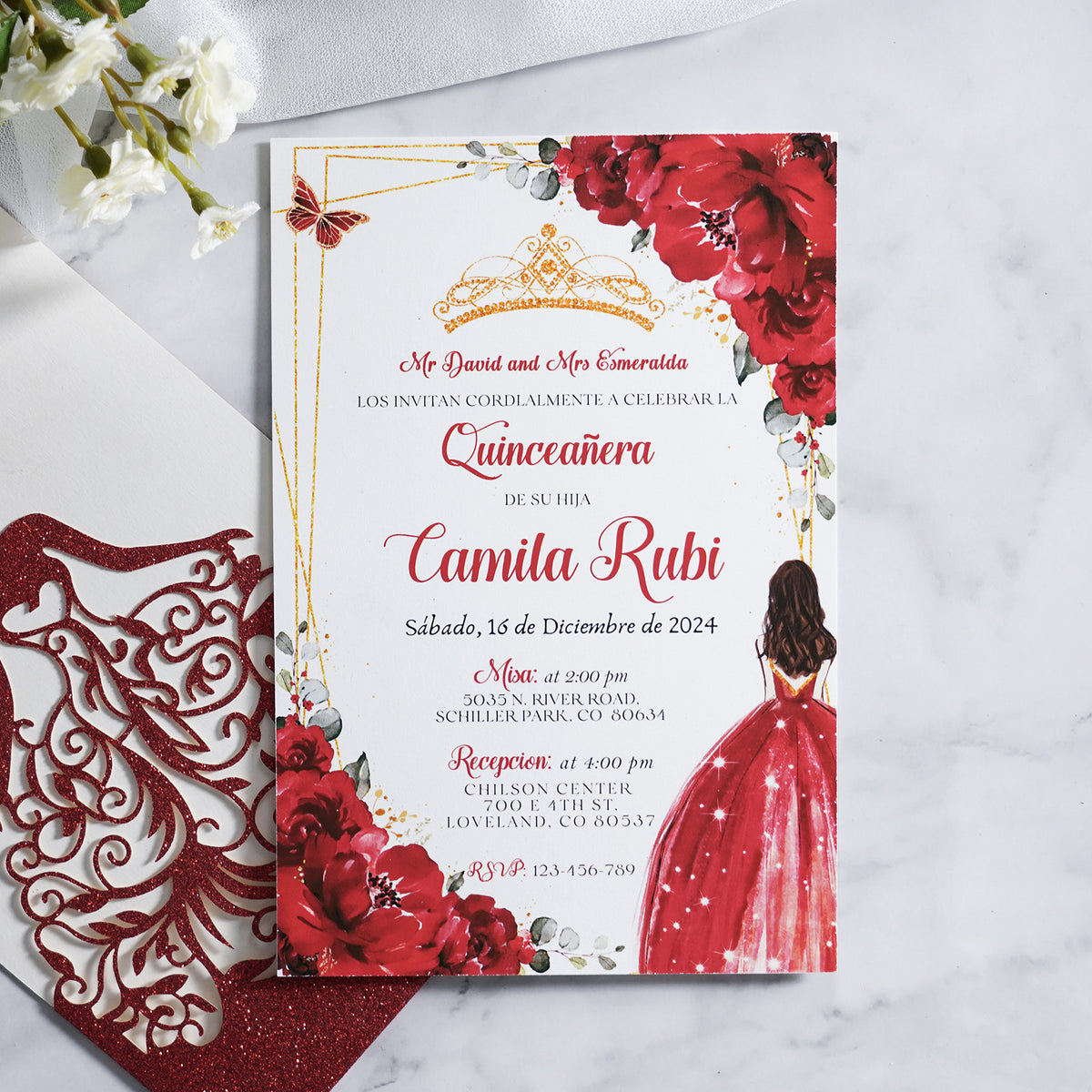 PONATIA Red Glitter Laser Cut Crown Sweet 16 Invitations Cards With Envelopes