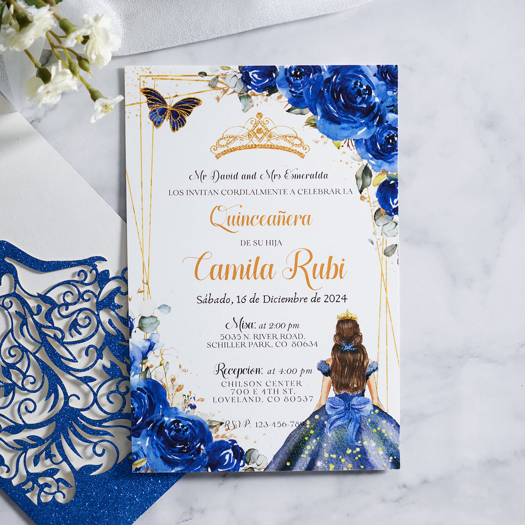 PONATIA Royal Blue Glitter Laser Cut Crown Sweet 16 Invitations Cards With Envelopes