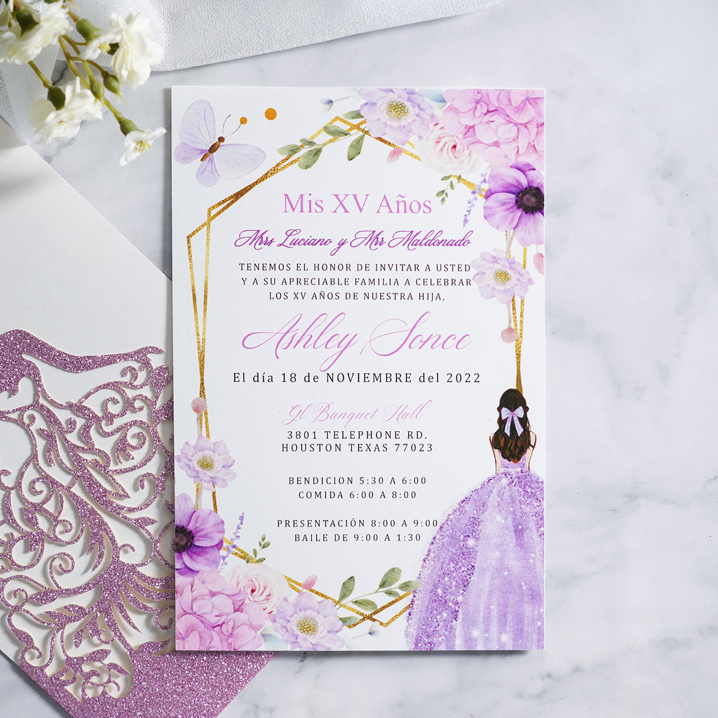 PONATIA Lilac Glitter Laser Cut Crown Sweet 16 Invitations Cards With Envelopes
