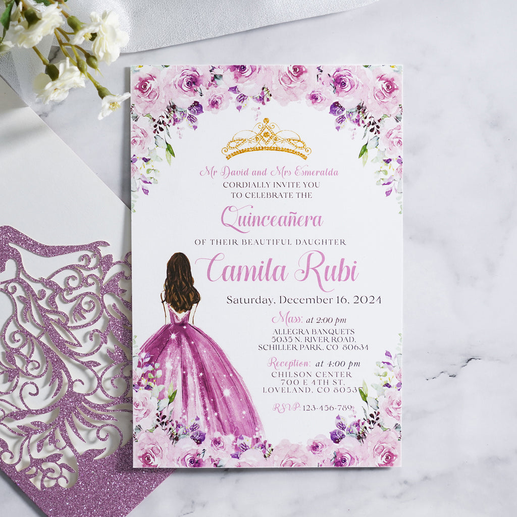 PONATIA Purple Glitter Laser Cut Crown Sweet 16 Invitations Cards With Envelopes