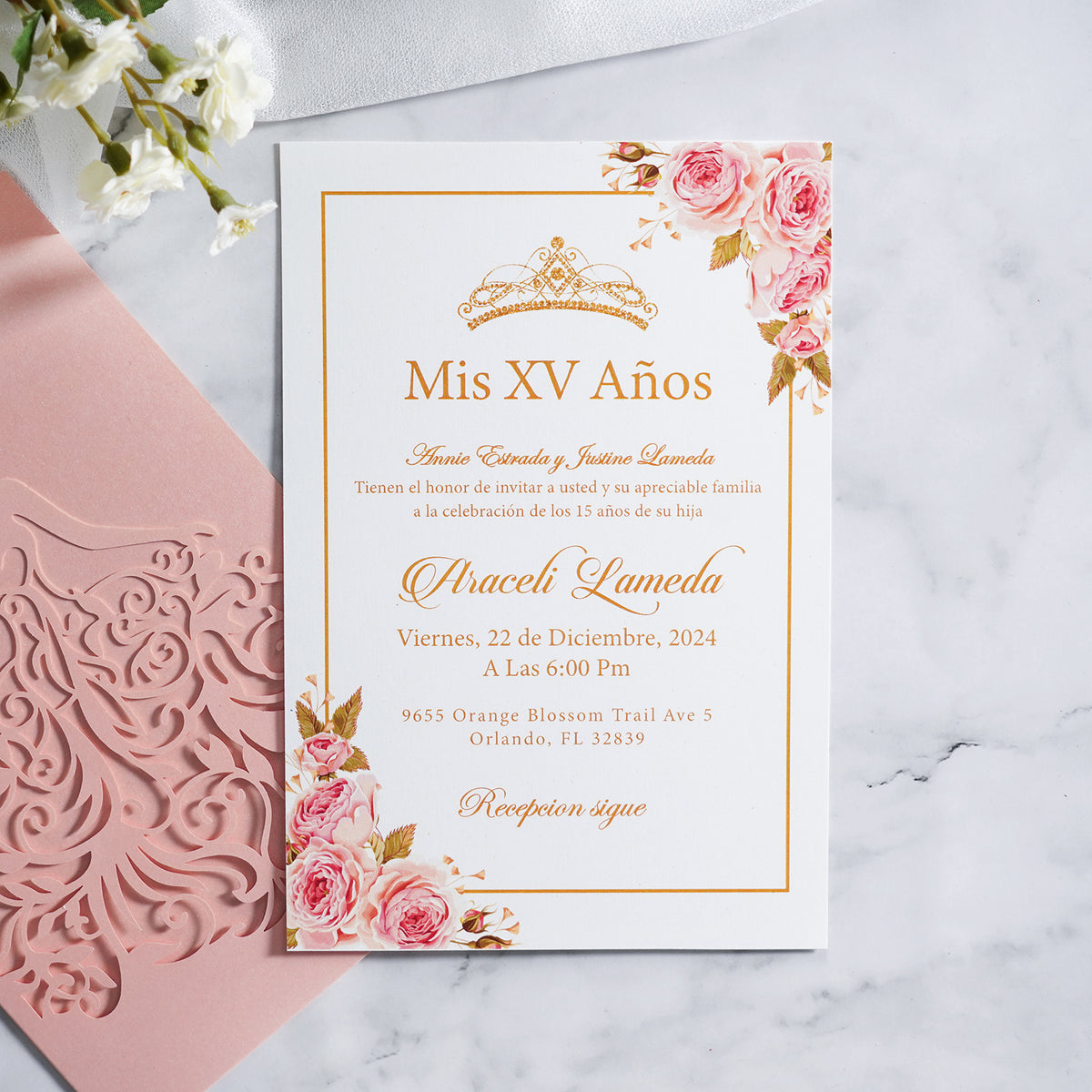 PONATIA Blush Pink Laser Cut Crown Sweet 16 Invitations Cards With Envelopes