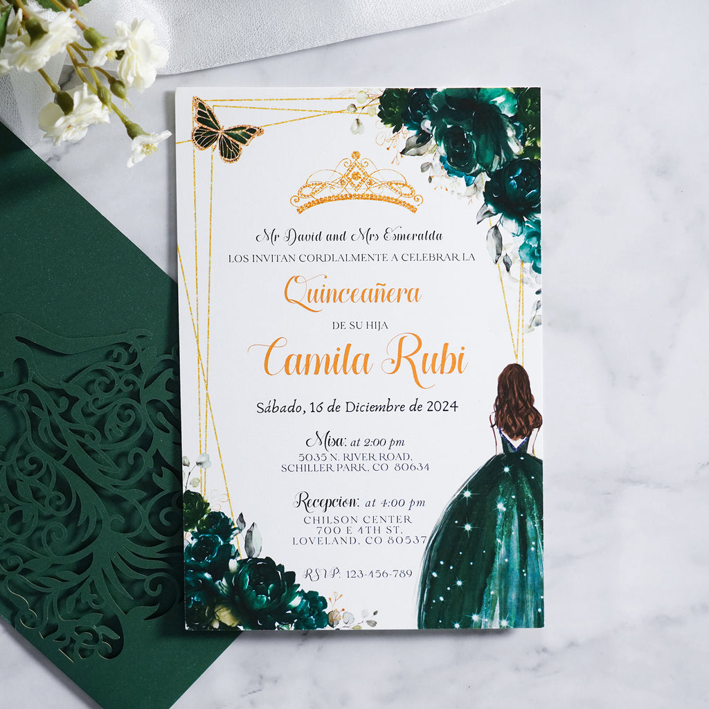 PONATIA Emerald Green Glitter Laser Cut Crown Sweet 16 Invitations Cards With Envelopes