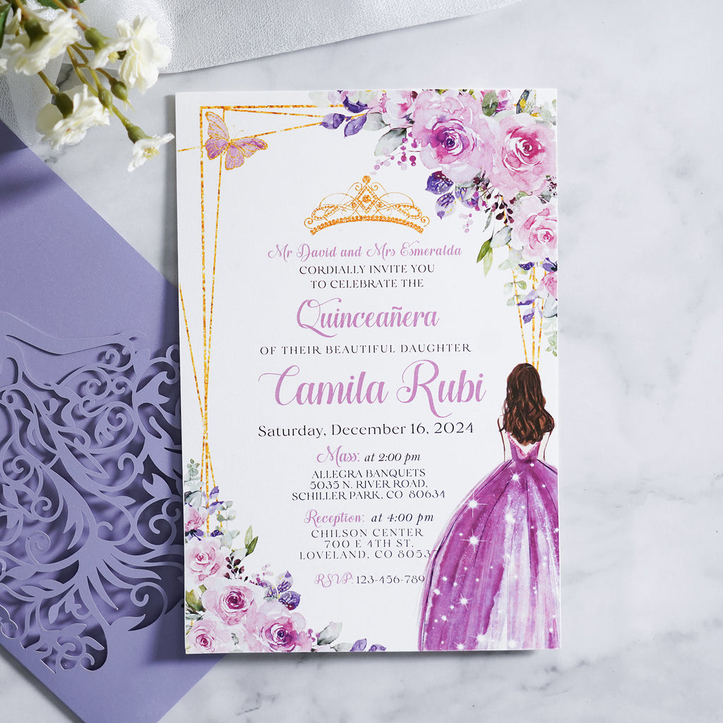 PONATIA Lilac Laser Cut Crown Sweet 16 Invitations Cards With Envelopes