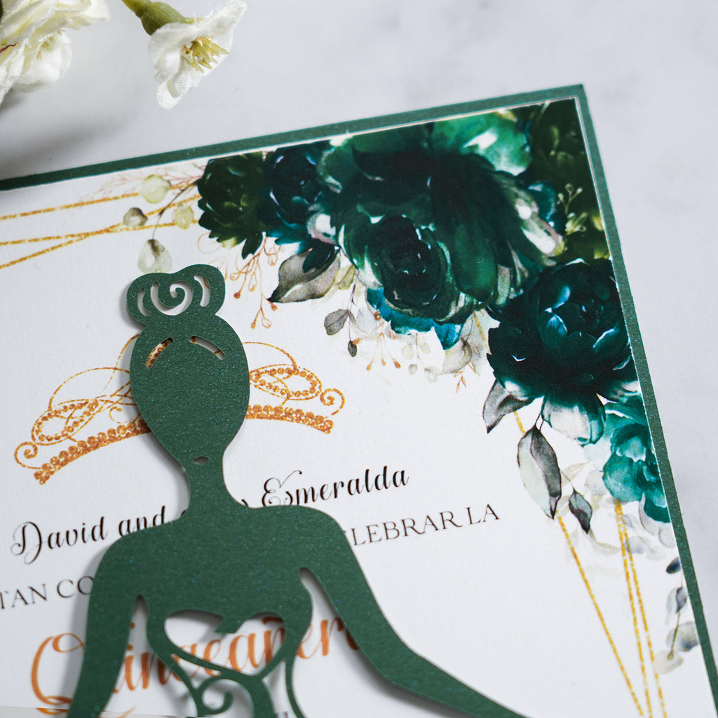 PONATIA Emerald Green Glitter Laser Cut Crown Sweet 16 Invitations Cards With Envelopes