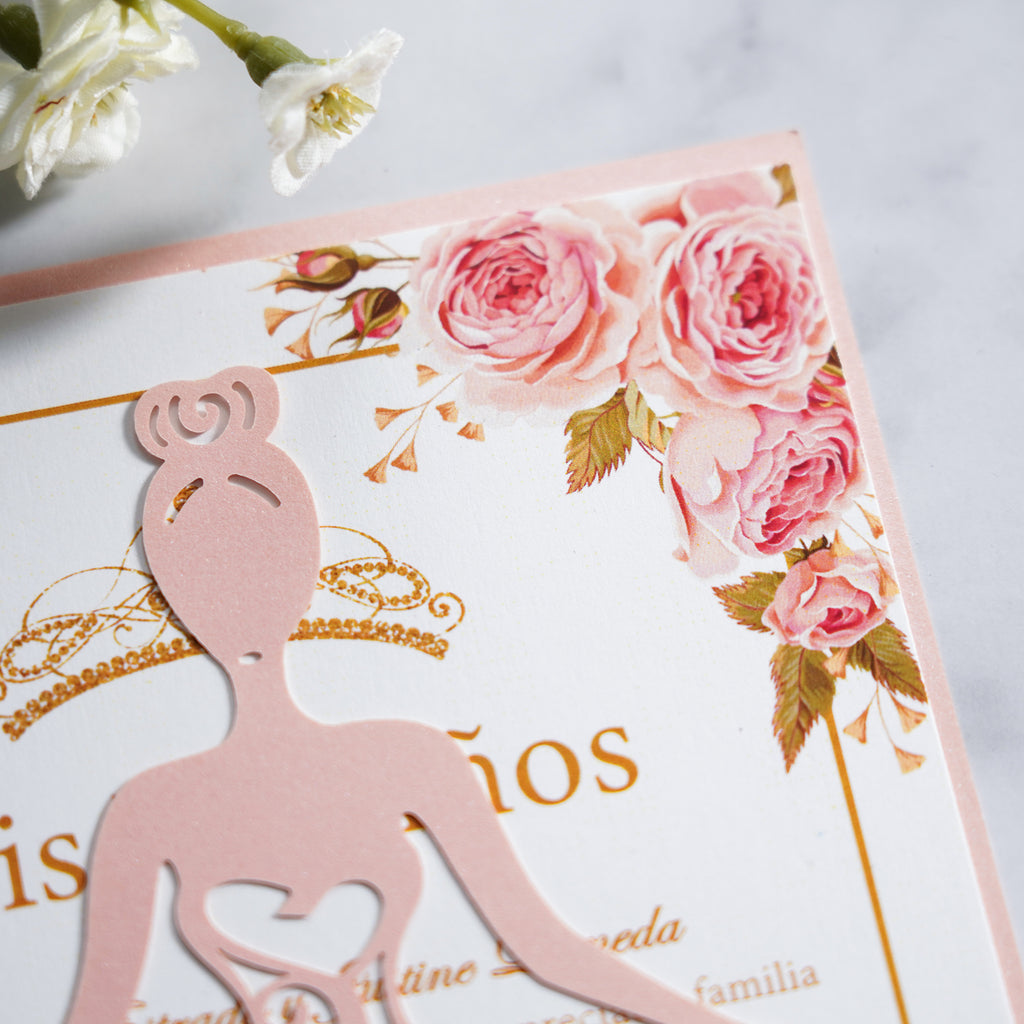 PONATIA Blush Pink Laser Cut Crown Sweet 16 Invitations Cards With Envelopes
