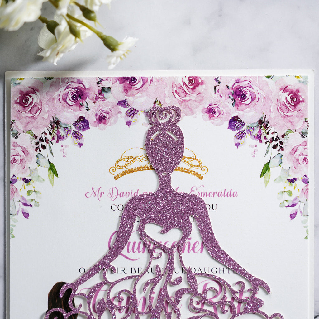 PONATIA Purple Glitter Laser Cut Crown Sweet 16 Invitations Cards With Envelopes
