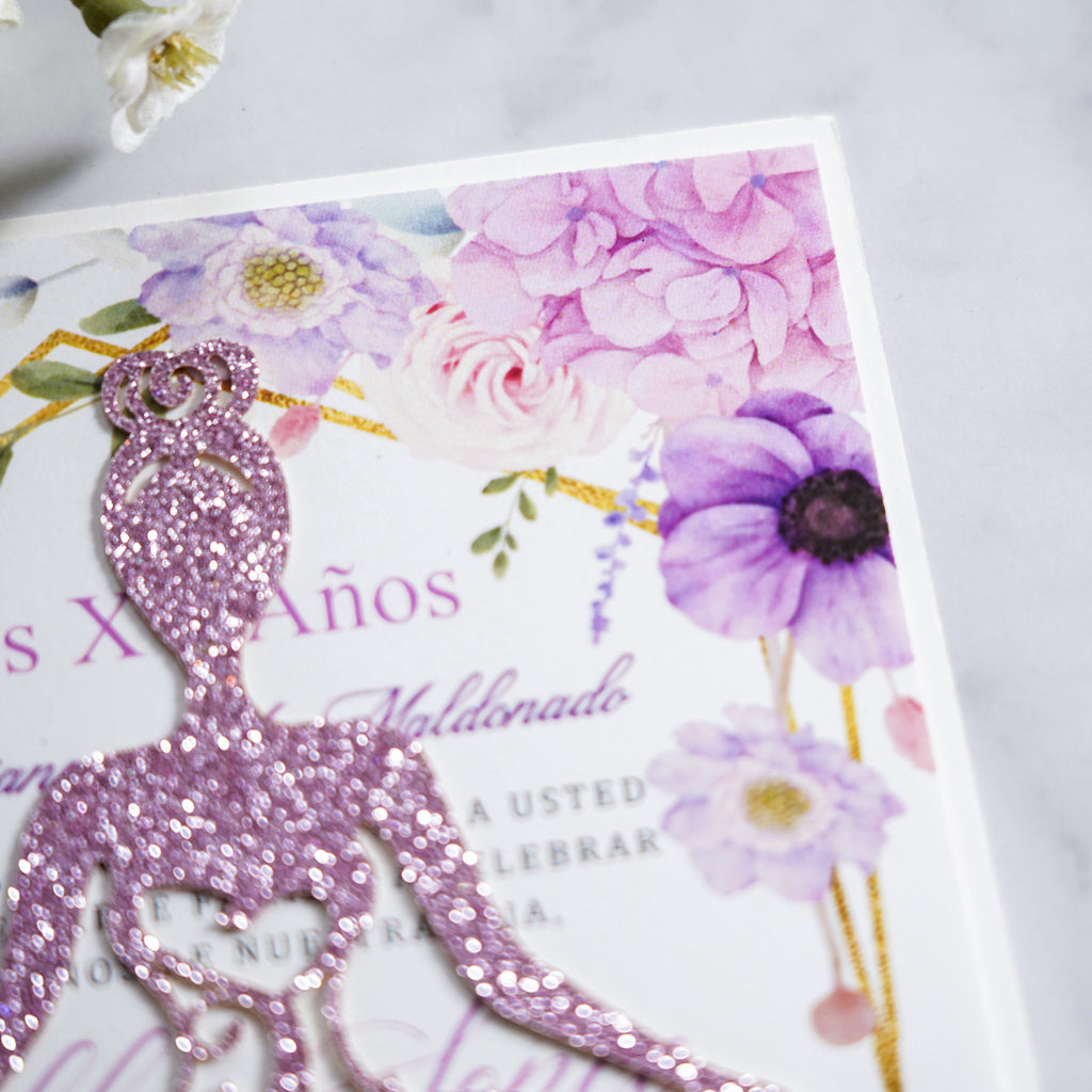 PONATIA Lilac Glitter Laser Cut Crown Sweet 16 Invitations Cards With Envelopes