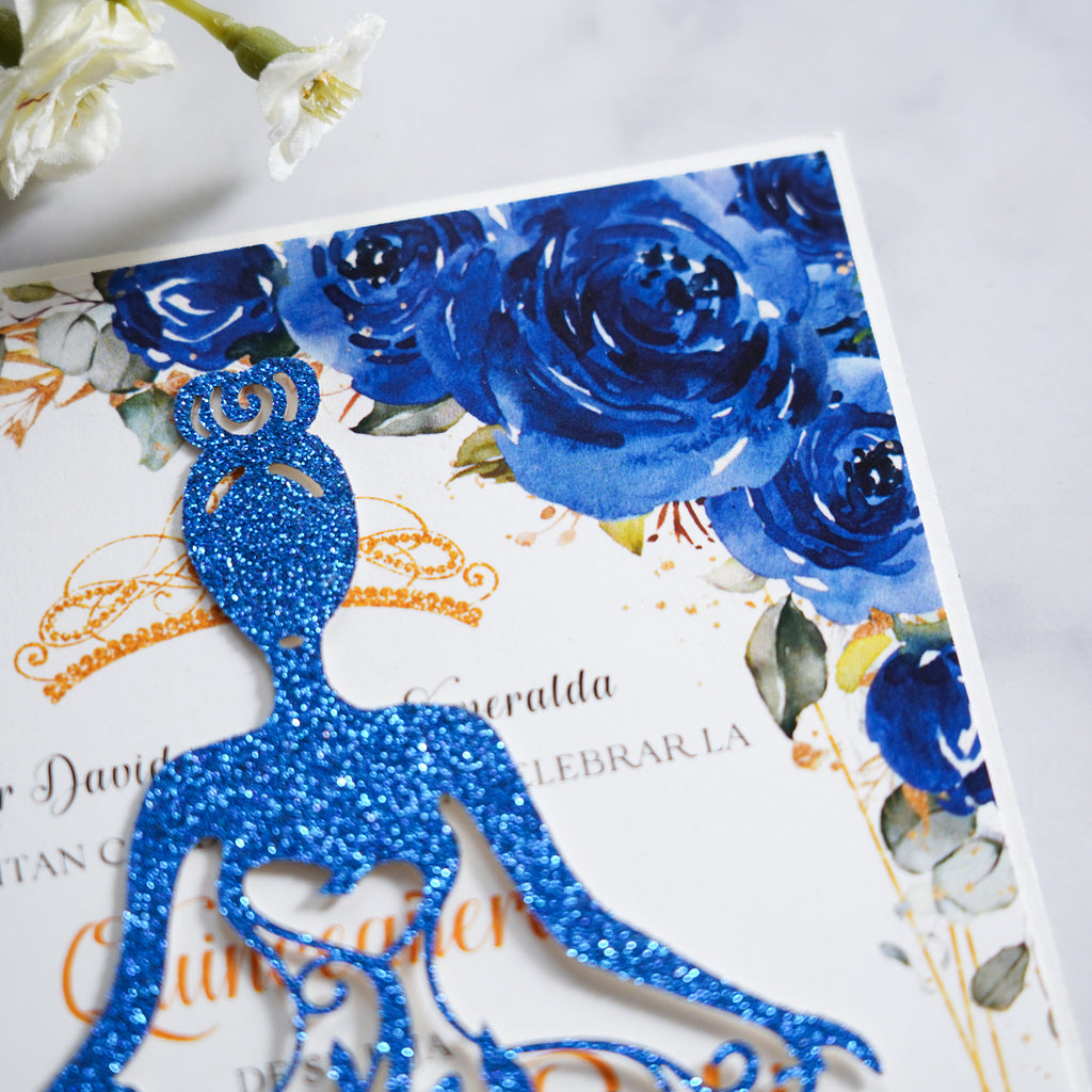 PONATIA Royal Blue Glitter Laser Cut Crown Sweet 16 Invitations Cards With Envelopes