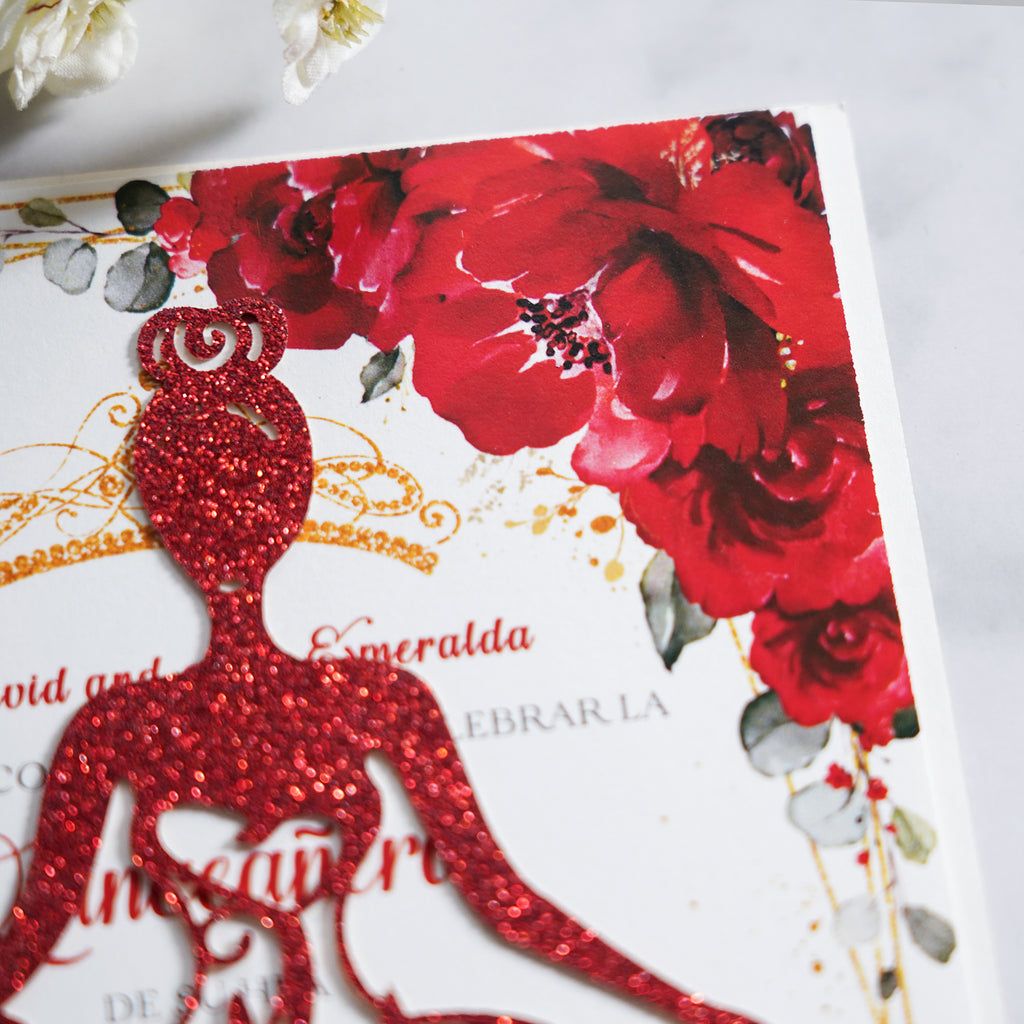 PONATIA Red Glitter Laser Cut Crown Sweet 16 Invitations Cards With Envelopes