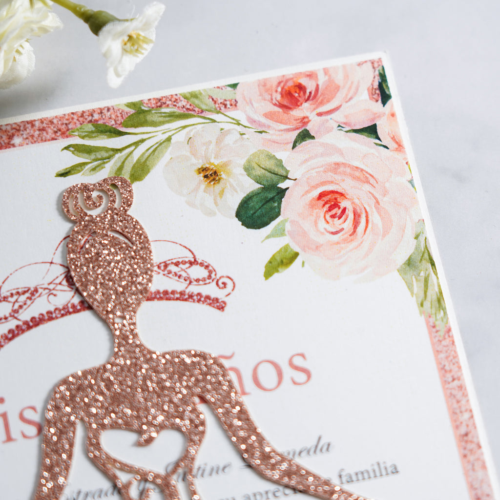 PONATIA Rose Gold Glitter Laser Cut Crown Sweet 16 Invitations Cards With Envelopes