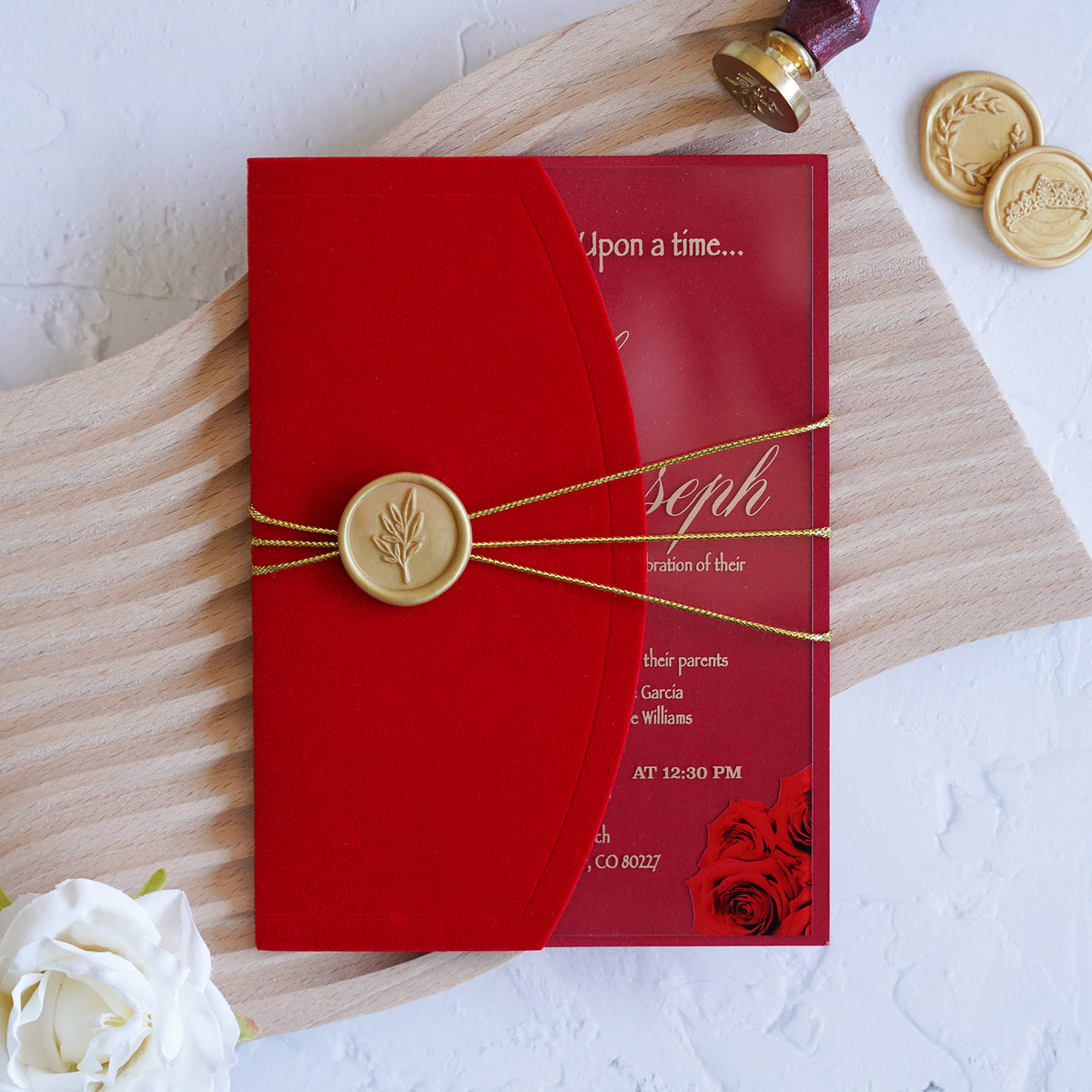 PONATIA 1mm/0.04" Clear Acrylic Wedding Invitation With Red Velvet Wrap Pocket, Wax Seal and Gold Thread