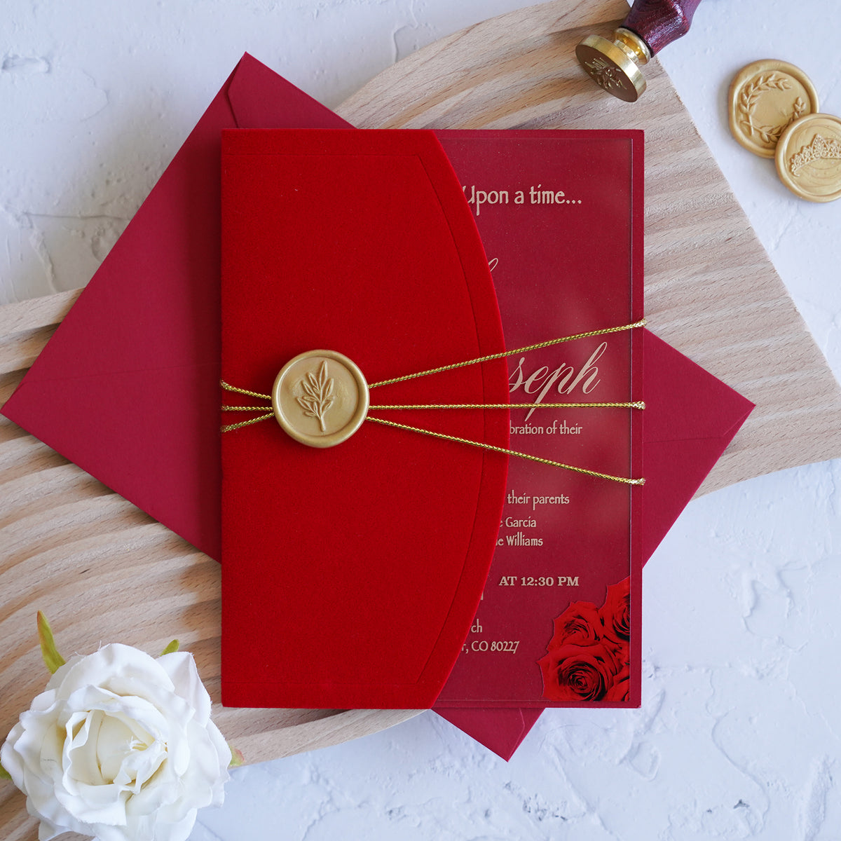 PONATIA 1mm/0.04" Clear Acrylic Wedding Invitation With Red Velvet Wrap Pocket, Wax Seal and Gold Thread
