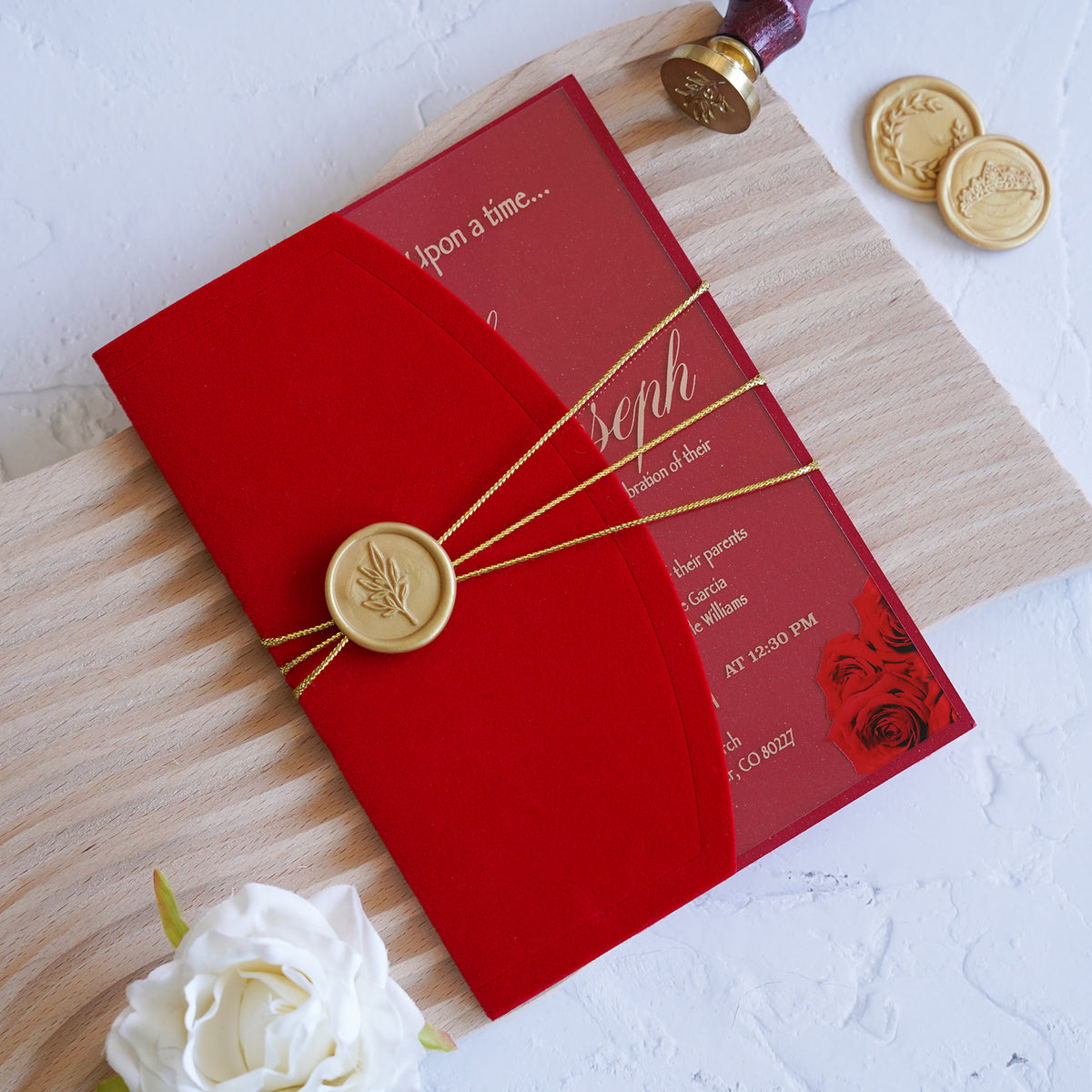 PONATIA 1mm/0.04" Clear Acrylic Wedding Invitation With Red Velvet Wrap Pocket, Wax Seal and Gold Thread
