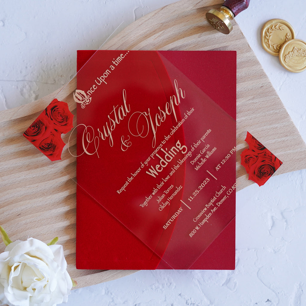 PONATIA 1mm/0.04" Clear Acrylic Wedding Invitation With Red Velvet Wrap Pocket, Wax Seal and Gold Thread