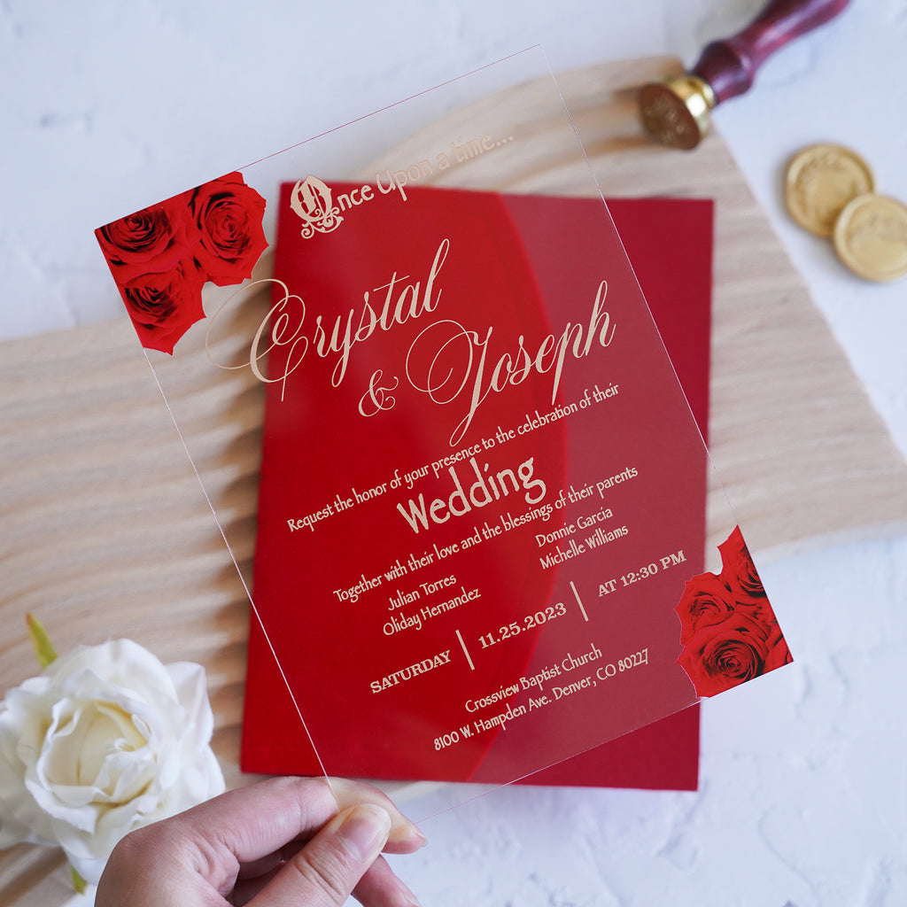 PONATIA 1mm/0.04" Clear Acrylic Wedding Invitation With Red Velvet Wrap Pocket, Wax Seal and Gold Thread