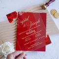 PONATIA 1mm/0.04" Clear Acrylic Wedding Invitation With Red Velvet Wrap Pocket, Wax Seal and Gold Thread