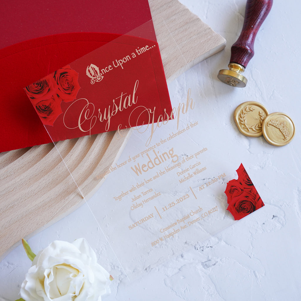 PONATIA 1mm/0.04" Clear Acrylic Wedding Invitation With Red Velvet Wrap Pocket, Wax Seal and Gold Thread