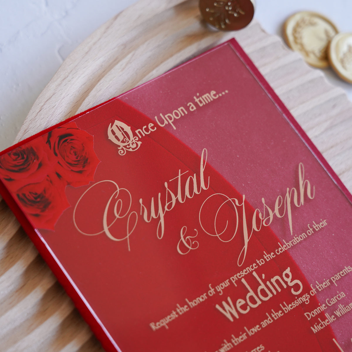 PONATIA 1mm/0.04" Clear Acrylic Wedding Invitation With Red Velvet Wrap Pocket, Wax Seal and Gold Thread