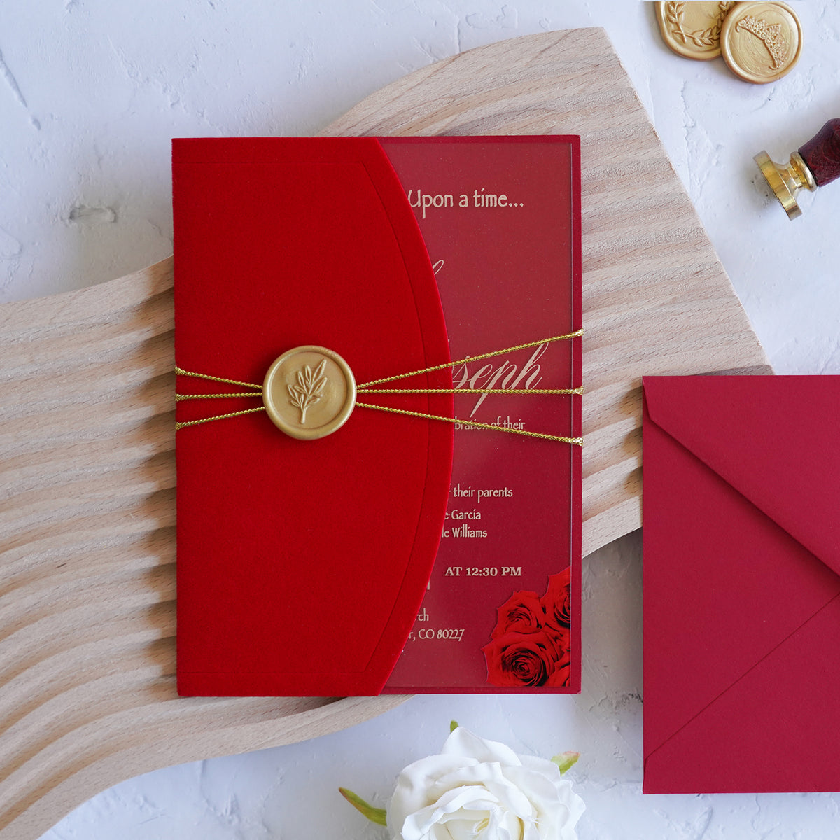 PONATIA 1mm/0.04" Clear Acrylic Wedding Invitation With Red Velvet Wrap Pocket, Wax Seal and Gold Thread