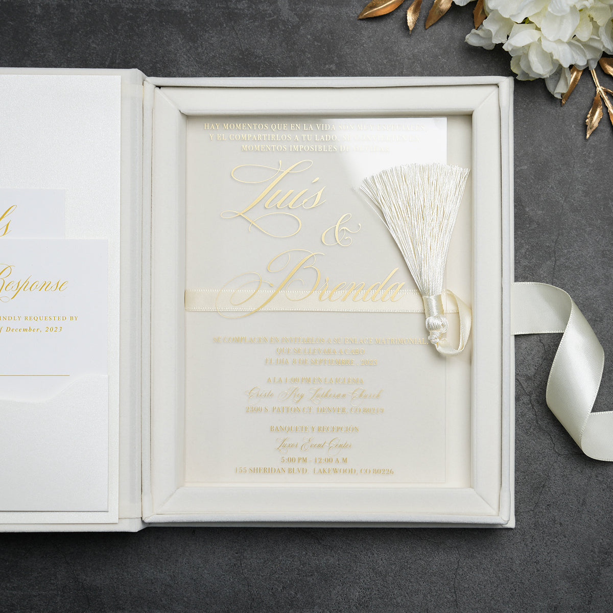 PONATIA Wedding Velvet Boxed Invitations Cards Full Set, Clear Acrylic Wedding Cards in Velvet Box