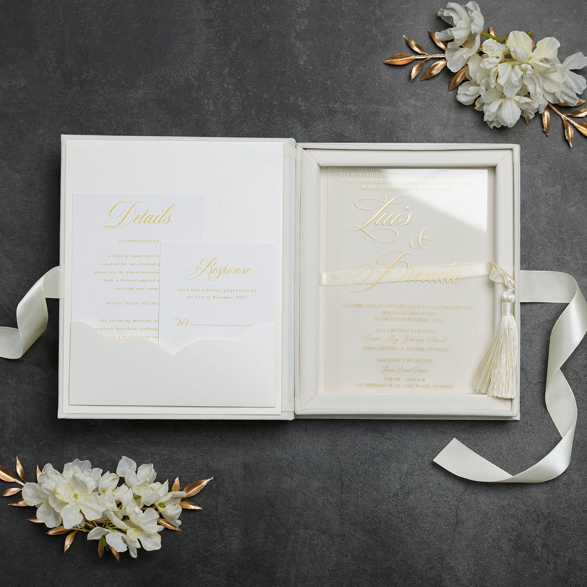 PONATIA Wedding Velvet Boxed Invitations Cards Full Set, Clear Acrylic Wedding Cards in Velvet Box