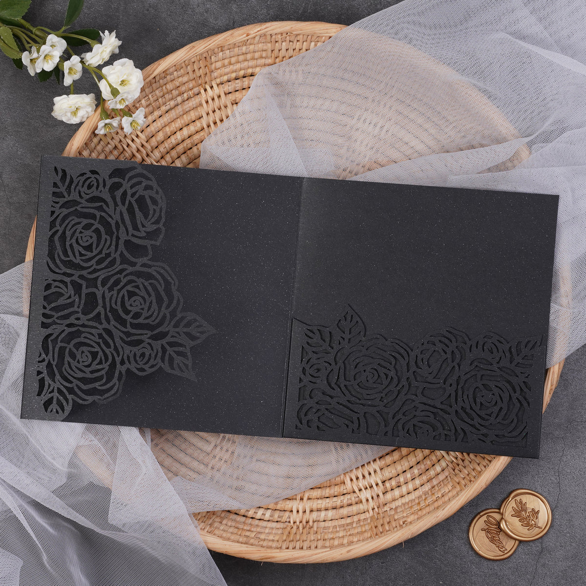 PONATIA  Rose Design Square Tri-fold Laser Cut Pockets Collection WPEC2136