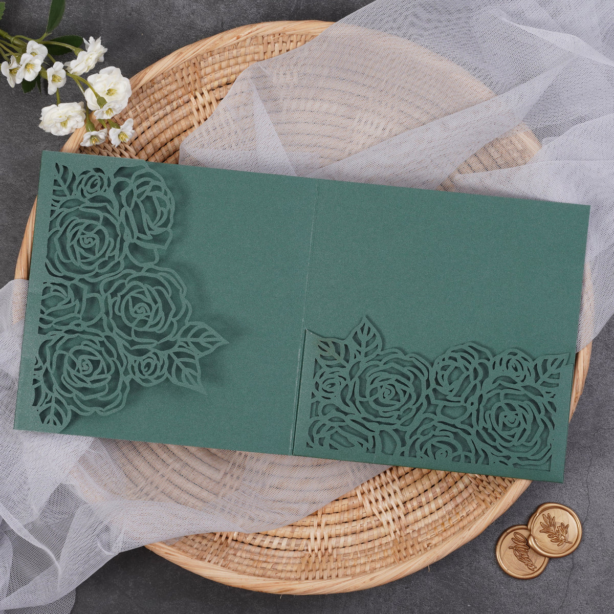 PONATIA  Rose Design Square Tri-fold Laser Cut Pockets Collection WPEC2136