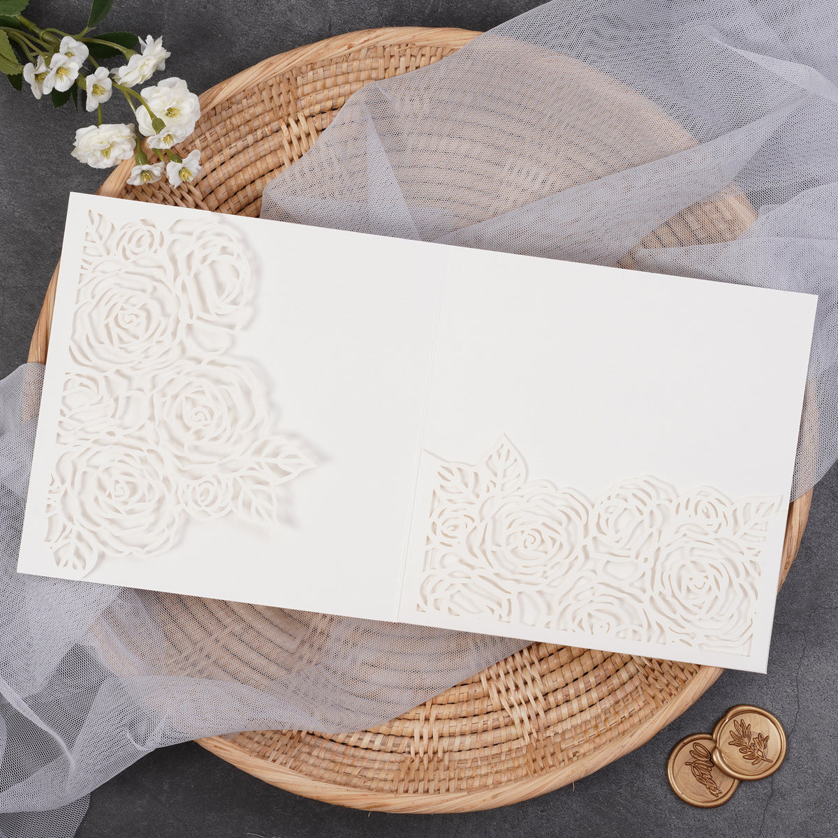 PONATIA  Rose Design Square Tri-fold Laser Cut Pockets Collection WPEC2136