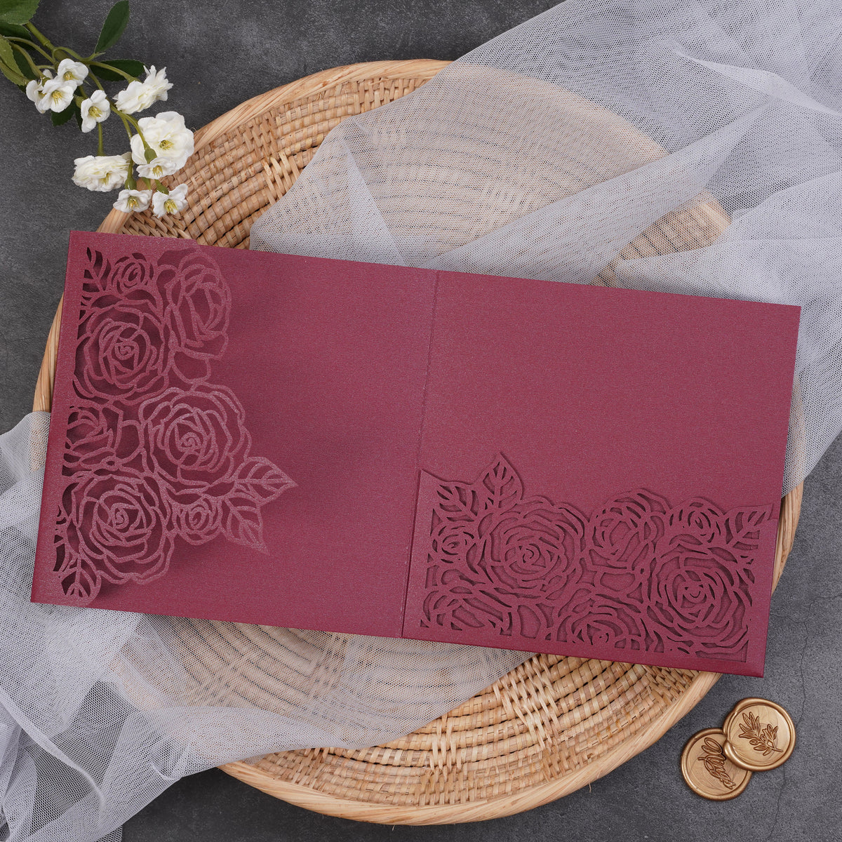 PONATIA  Rose Design Square Tri-fold Laser Cut Pockets Collection WPEC2136