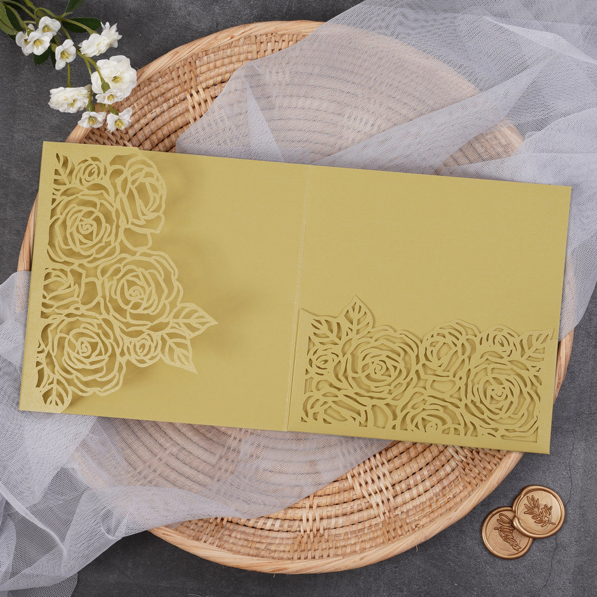 PONATIA  Rose Design Square Tri-fold Laser Cut Pockets Collection WPEC2136