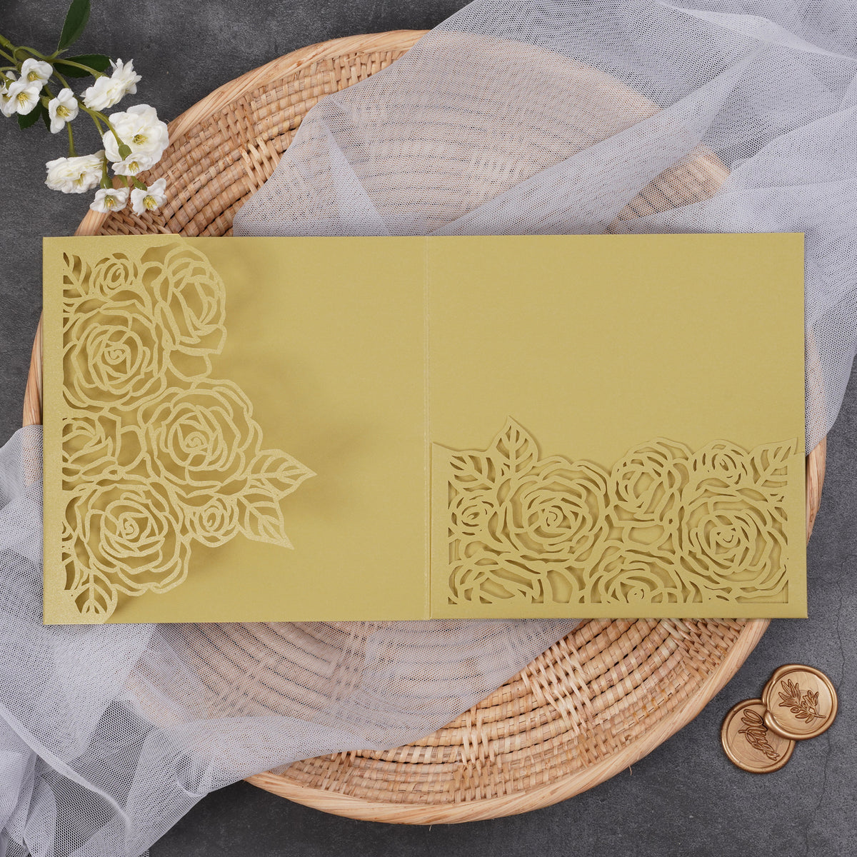 PONATIA  Rose Design Square Tri-fold Laser Cut Pockets Collection WPEC2136