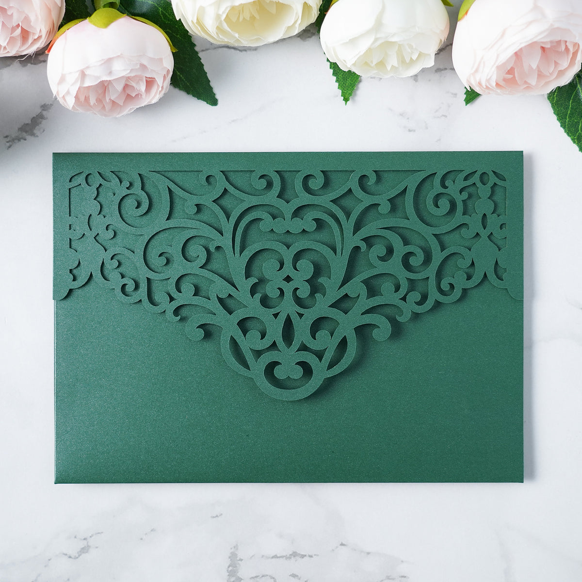 PONATIA  20PCS Emerald Green Laser Cut Wedding Invitations Pockets