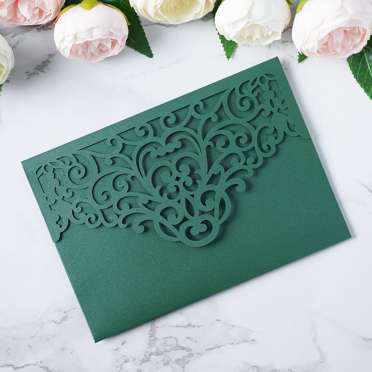 PONATIA  20PCS Emerald Green Laser Cut Wedding Invitations Pockets