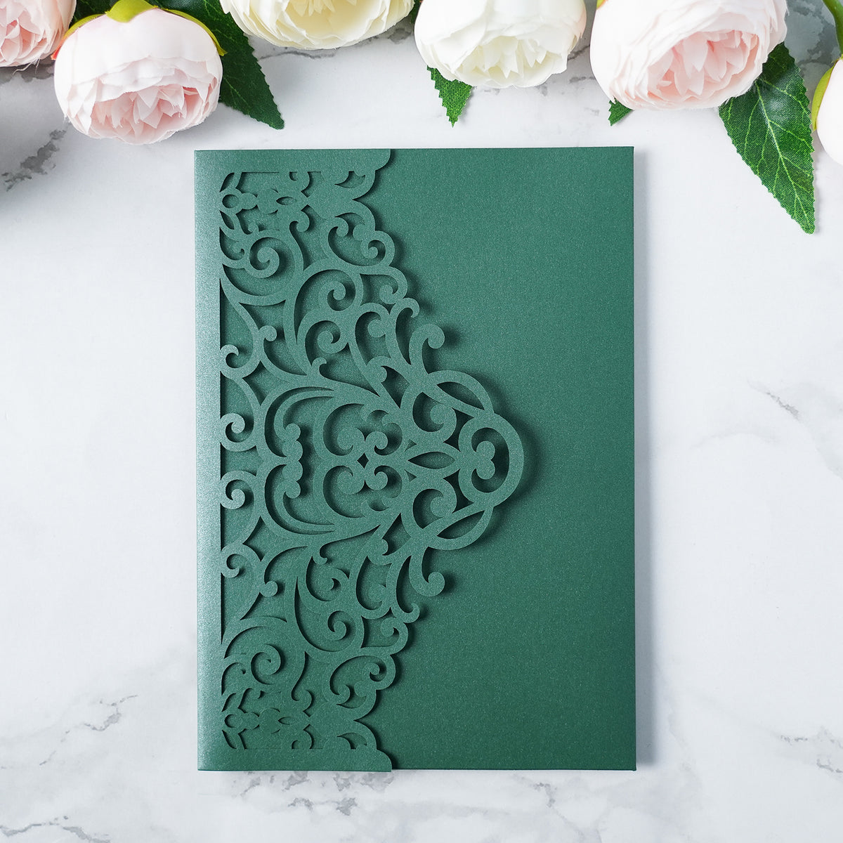 PONATIA  20PCS Emerald Green Laser Cut Wedding Invitations Pockets