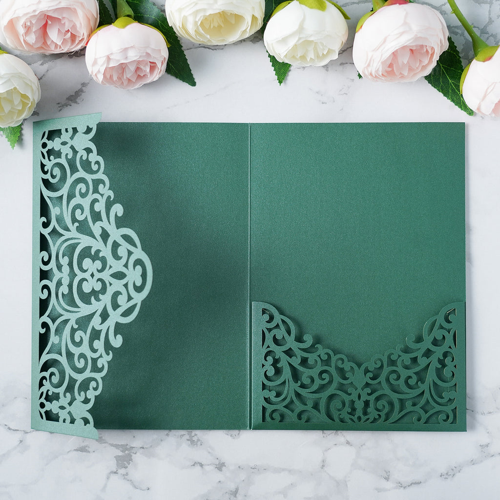 PONATIA  20PCS Emerald Green Laser Cut Wedding Invitations Pockets