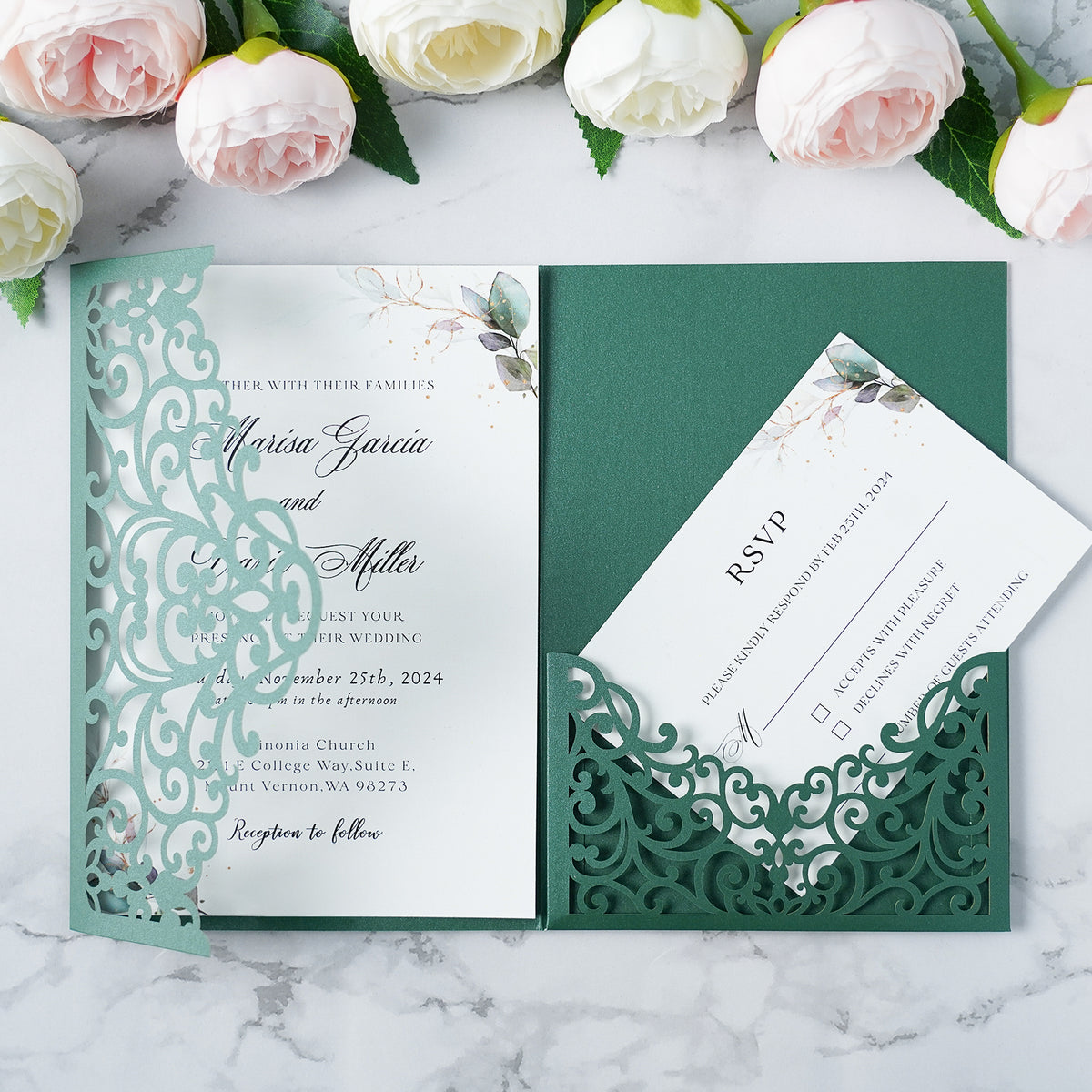 PONATIA  20PCS Emerald Green Laser Cut Wedding Invitations Pockets