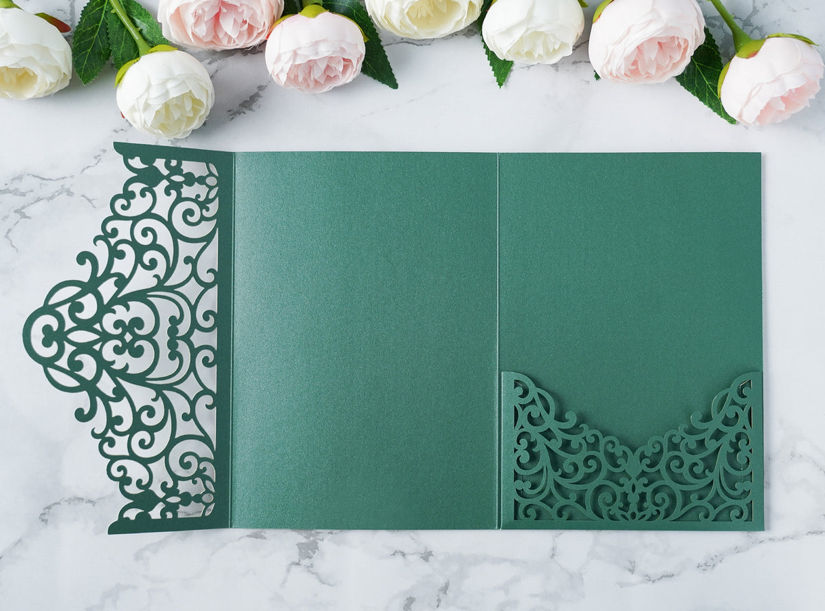 PONATIA  20PCS Emerald Green Laser Cut Wedding Invitations Pockets