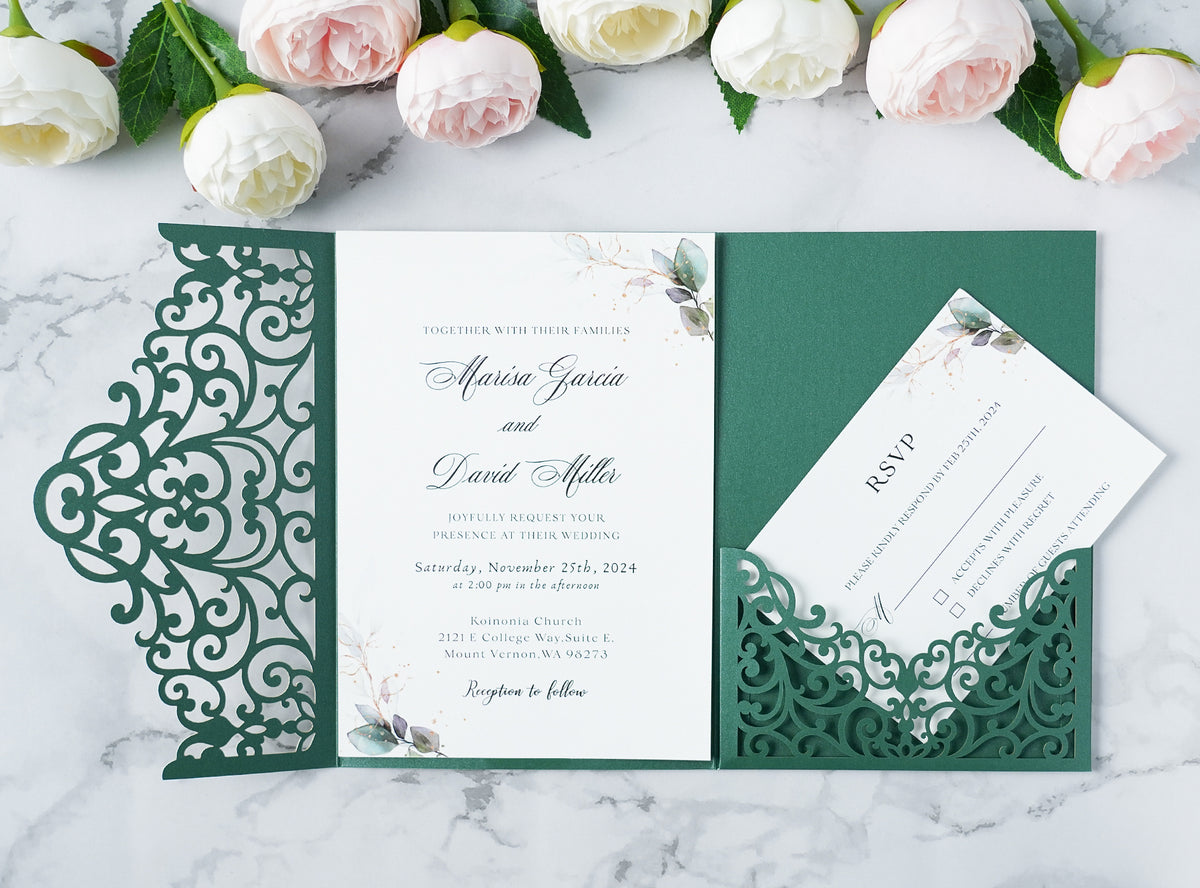 PONATIA  20PCS Emerald Green Laser Cut Wedding Invitations Pockets