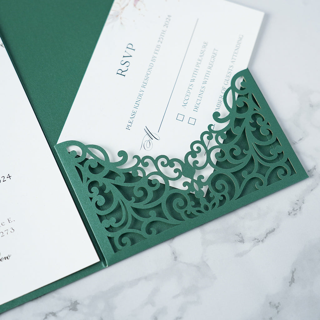 PONATIA  20PCS Emerald Green Laser Cut Wedding Invitations Pockets