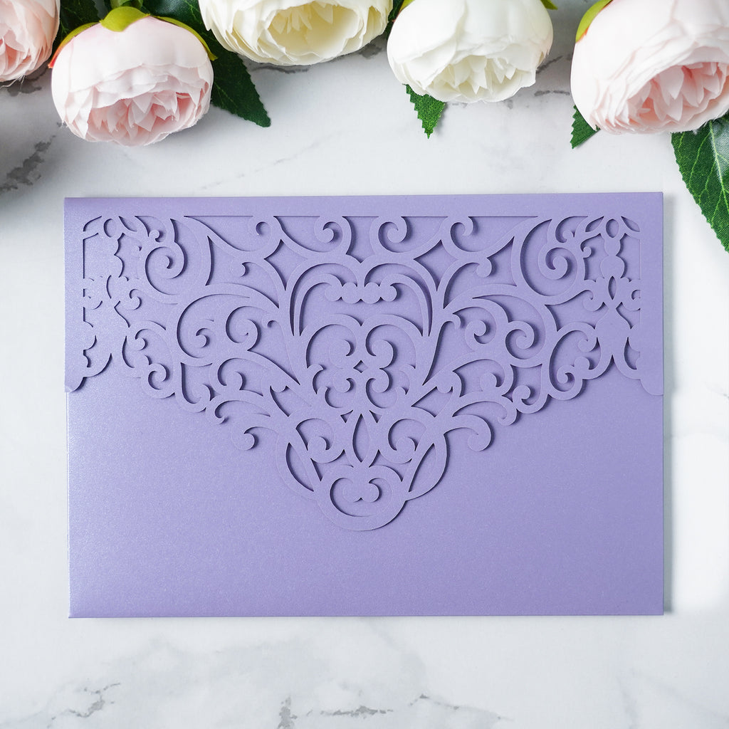 PONATIA  20PCS Lilac Laser Cut Wedding Invitations Pockets